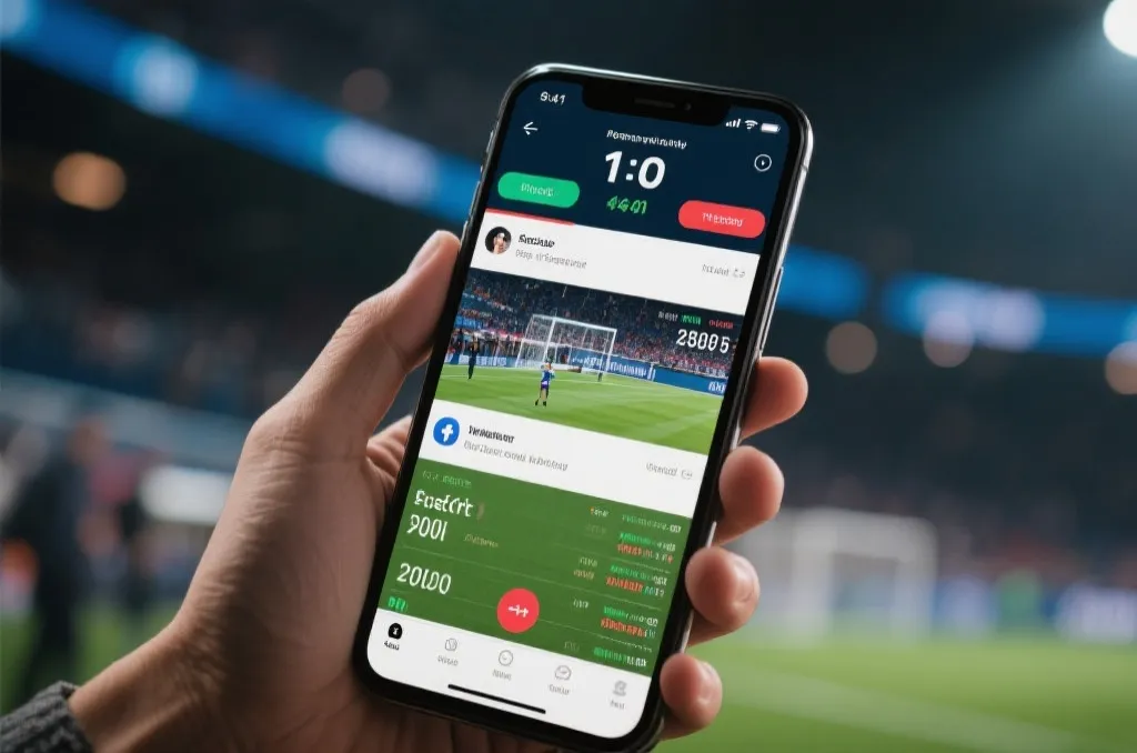 手机屏幕显示社交媒体讨论、比赛数据和实时比分，体现舆论与数据交织